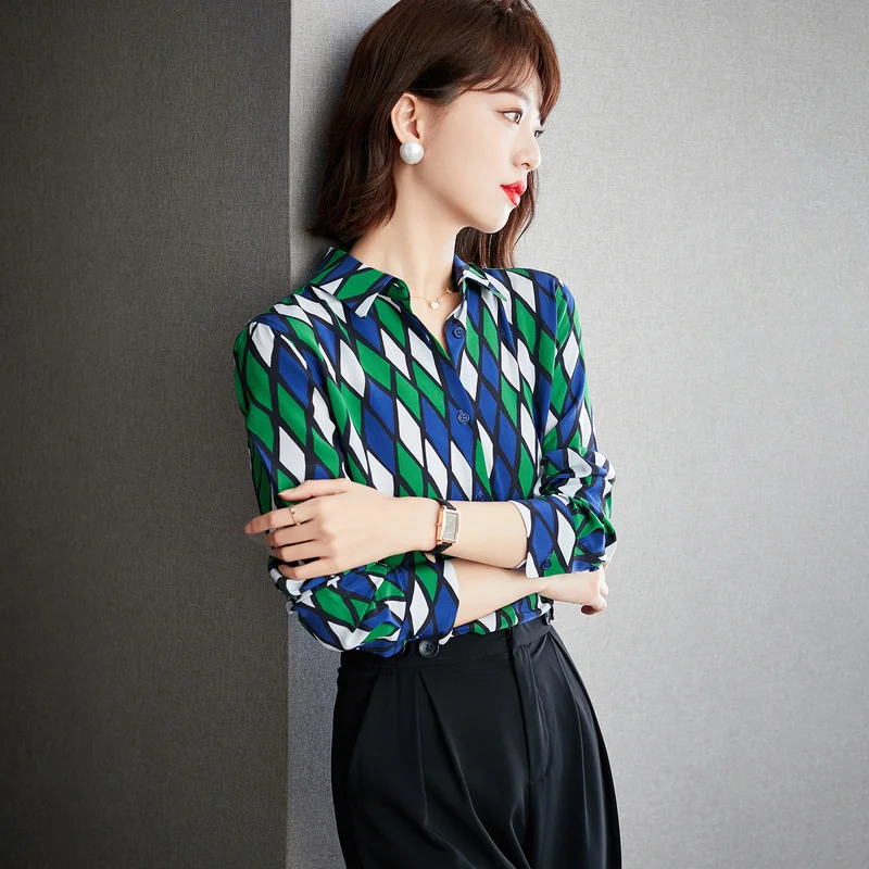 

Chiffon Loose Women's Shirts New Fashion Blouses Casual Long Sleeve Top Lattice Polo Spring