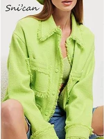 solid green woolen tweed jacket coat women turn down collar long sleeve oversize loose tassel ladies outwear casaco feminino