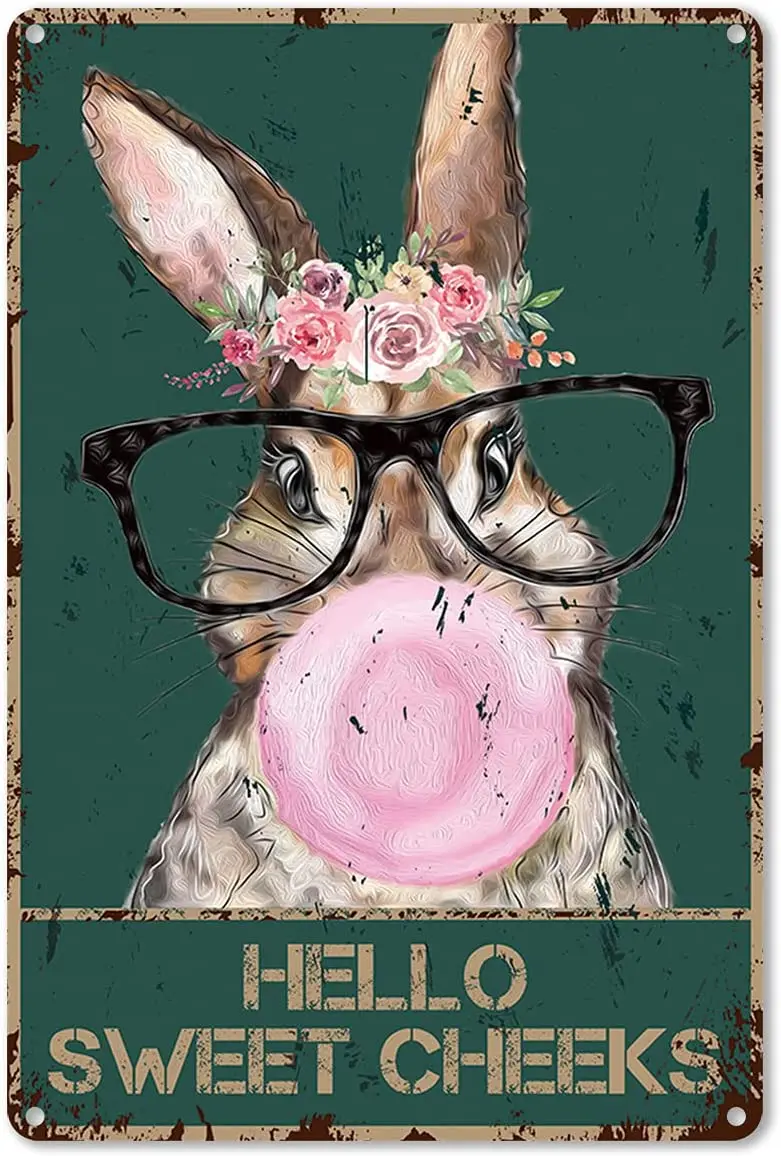 

Funny Bathroom Quote Metal Tin Sign Wall Decor - Vintage Hello Sweet Cheeks Rabbit with Flowers Tin Sign for Toilet Bathroom