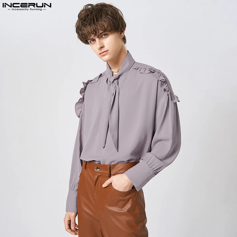 

Fashion Casual Style Tops INCERUN New Mens Shoulder Ruffle Design Shirts Stylish Party Solid Bow Tie Ribbon Long Sleeved Blouse