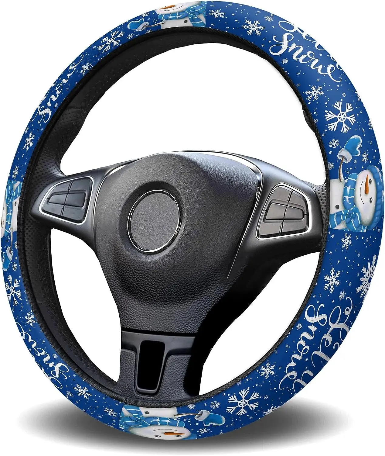 

Car Steering Wheel Cover Blue Christmas Cute Snowman Snowflake Winter Steering Wheels Protective Cover Auto for Men Women