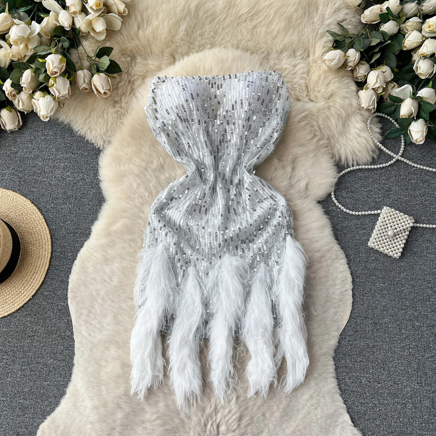 

Elegant Chic Tassels Patchwork Strapless Dress French Evening Party Vestidos Women Party Ceremonial Mini Hip Wrap Dress