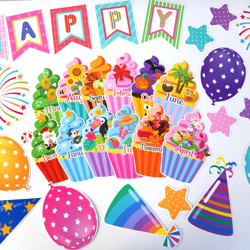 

43pcs Happy Birthday Party Stickers 12 Months Cake Kids Family Gathering Background Decoration Cartoon Wall Decal Party Supplies