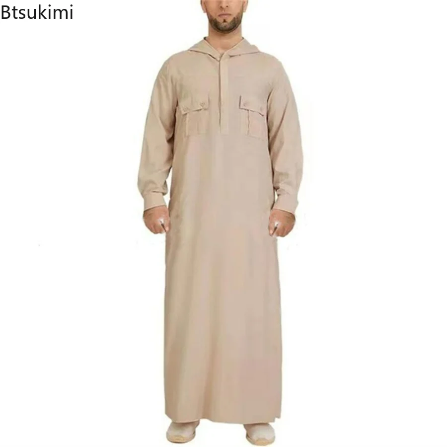 Muslim Fashion Abayas Solid Muslim Hooded Robes Multi-pockets Kaftan Middle East Buttons Jubba Thobe for Men Islamic Clothing