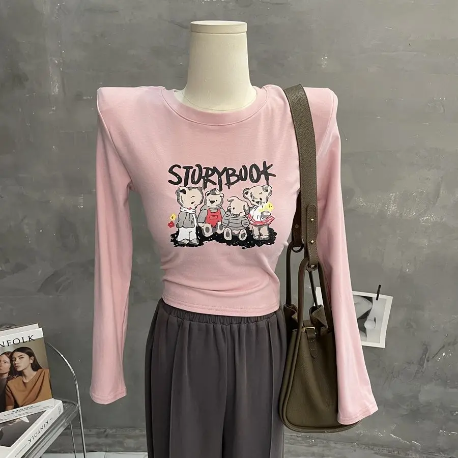 

Wholesale Short Women Top Autumn Winter Long Sleeve Crop Tops O Neck Cartoon Strech Shoulder Pad Slim Fit Fleeces Sexy T Shirts