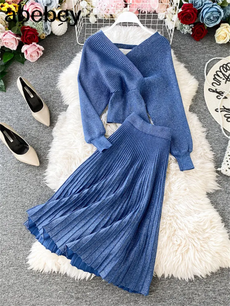 

Two Piece Set Women Skirts Long Sleeve Crop Tops+A Line Skirt 2 Piece Set women Women Sweater+Knitted Skirt Set Winter Suit