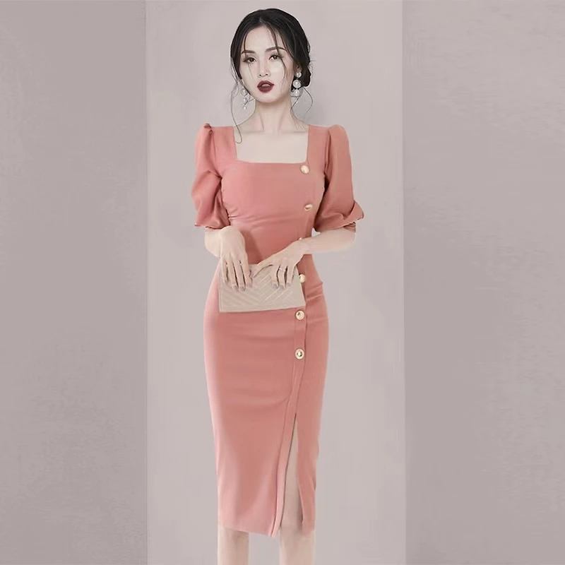 

Women's Summer New Korean High End Style Square Neck Bubble Short Sleeve Single Breasted Pleated Fashion Wrapped Hip Split Dress
