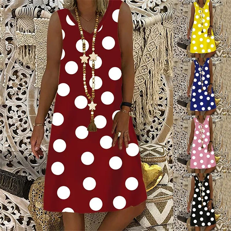 

Sexy V-Neck Sleeveless Polka Dot Women Dress Elegant Short Sundress Summer Style Ladies Dress 2022 New