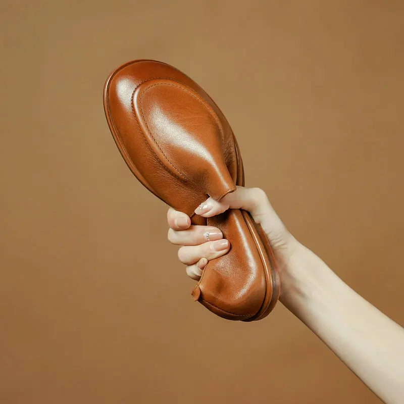 Concise Flats Women Comfy Very Soft Loafers Handmade Retro Genuine Leather Slip on Casual Walking Solid Shoes Size 34-40