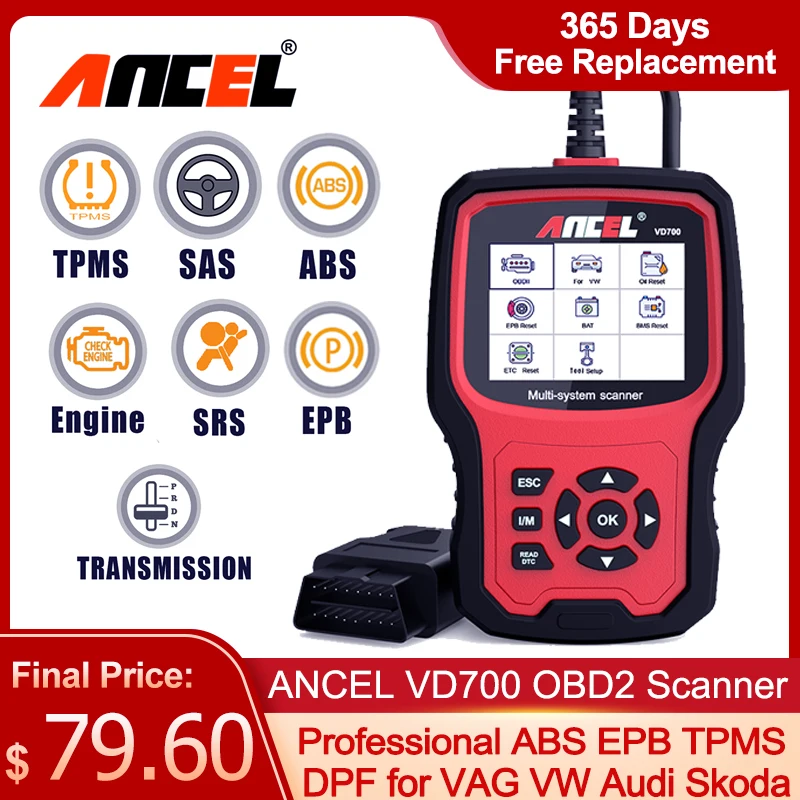 Автомобильный сканер ANCEL VD700 для всех систем OBD2 VAG VW Audi TPMS масла ABS EPB DPF TPS сброс