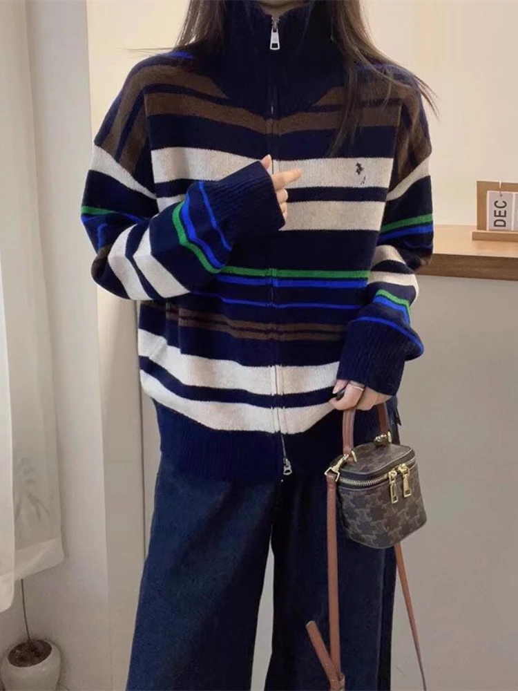 Осень-зима 2024 модный вязаный кашемировый кардиган с цветными полосками элитное