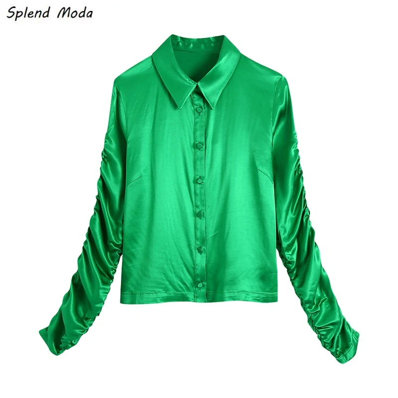 

Женская однобортная рубашка с отложным воротником, длинным рукавом и складками