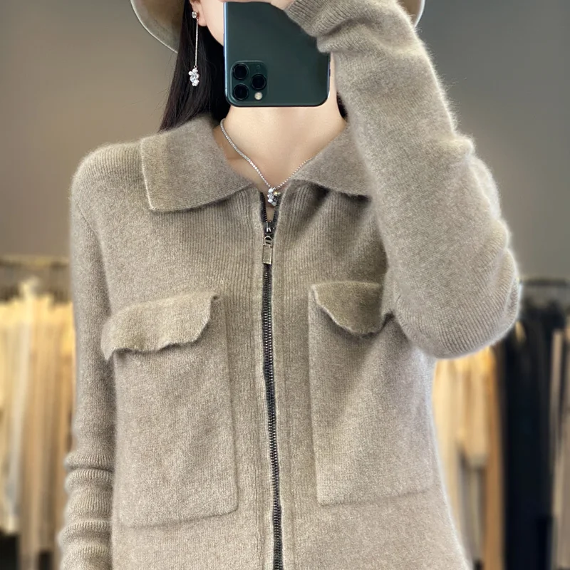 

Женский кашемировый свитер на молнии, теплый вязаный кардиган из 100%-ной шерсти с лацканами, Осень-зима