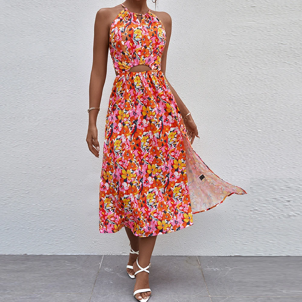

Sexy Red Floral Print Backless Summer Dress Women Sleeveless Cut Out Lace Up Boho Beach Sundress Casual Ladies Slit Midi Vestido