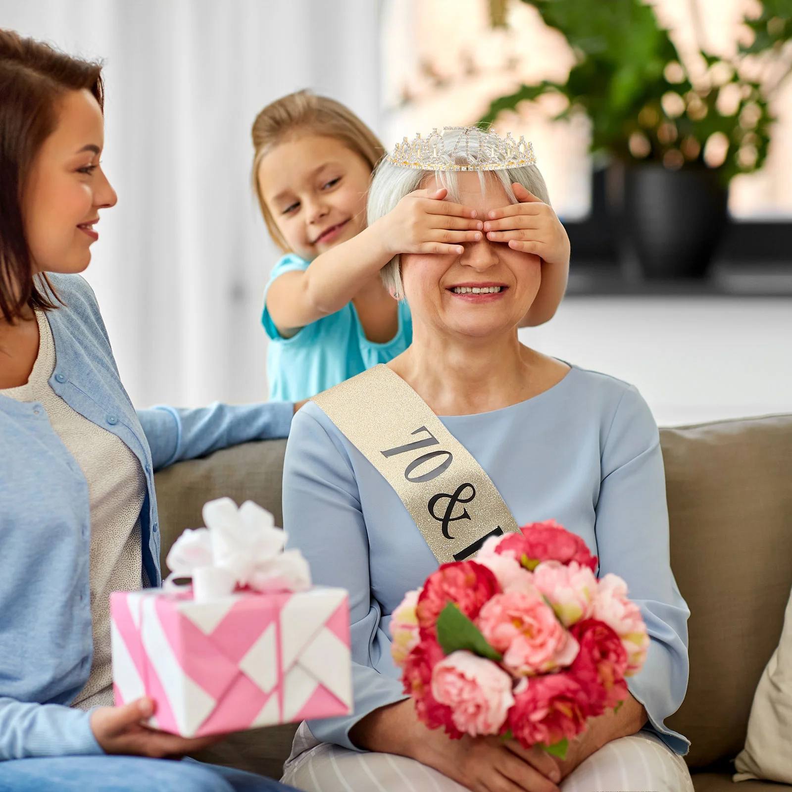 

70-Year-Old Shoulder Strap Crown Makeup Set Party Decorations Birthday Gold Dust Stretch Women Man Ladies