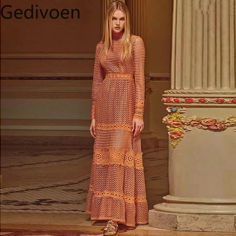Gedivoen Fashion Designer Summer Dress Women's Stand collar Long sleeve Hollow out Embroidery Vintage Party Maxi Dresses