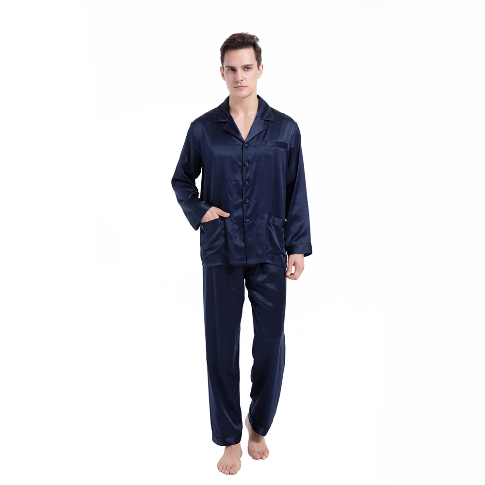 Men's Classic 100% Real Silk 19 Momme Long Sleeve Lounge Soft Comfortable Pajama Set Sleepwear Pajamas For Men
