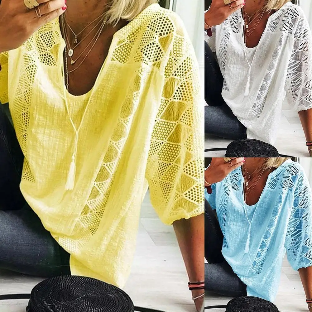 

Женская Повседневная Блузка, топ с U-образным вырезом и рукавом 3/4, ажурная Кружевная футболка с кулиской, рубашки с коротким рукавом, блузка, женская одежда