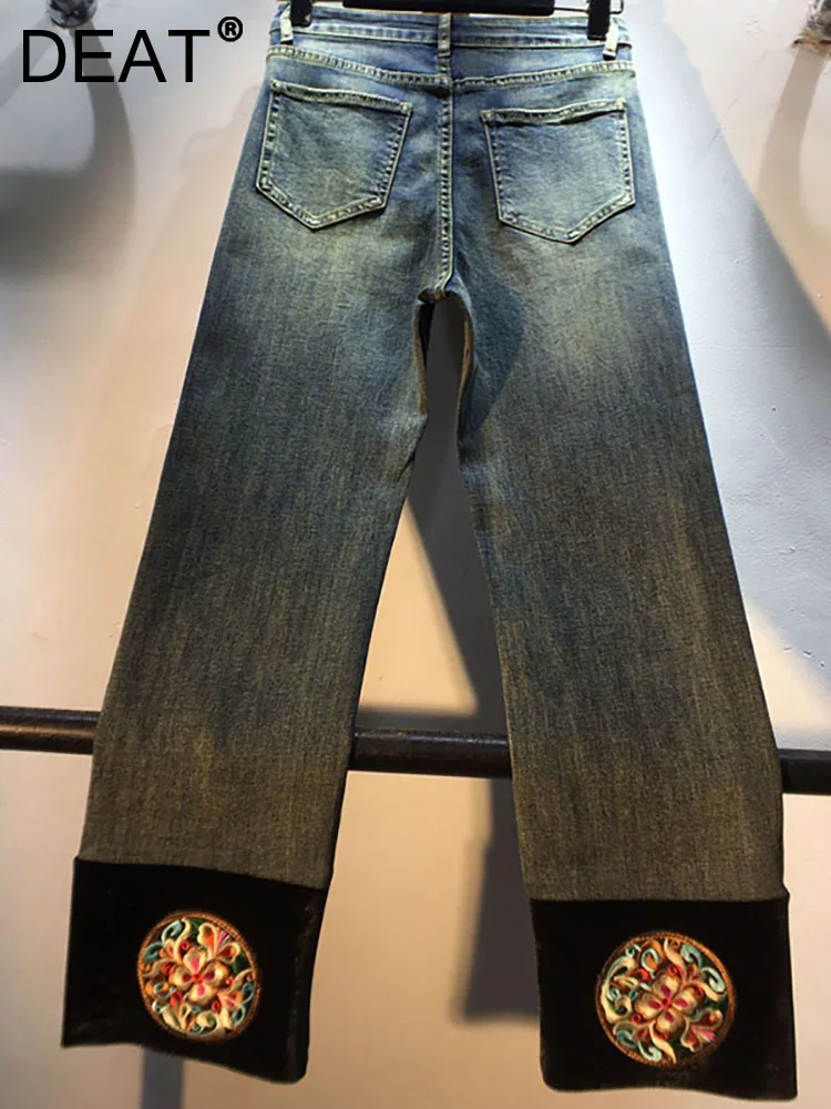 

Женские джинсы с цветной вышивкой DEAT, облегающие бархатные брюки до щиколотки с высокой талией, осень 2023