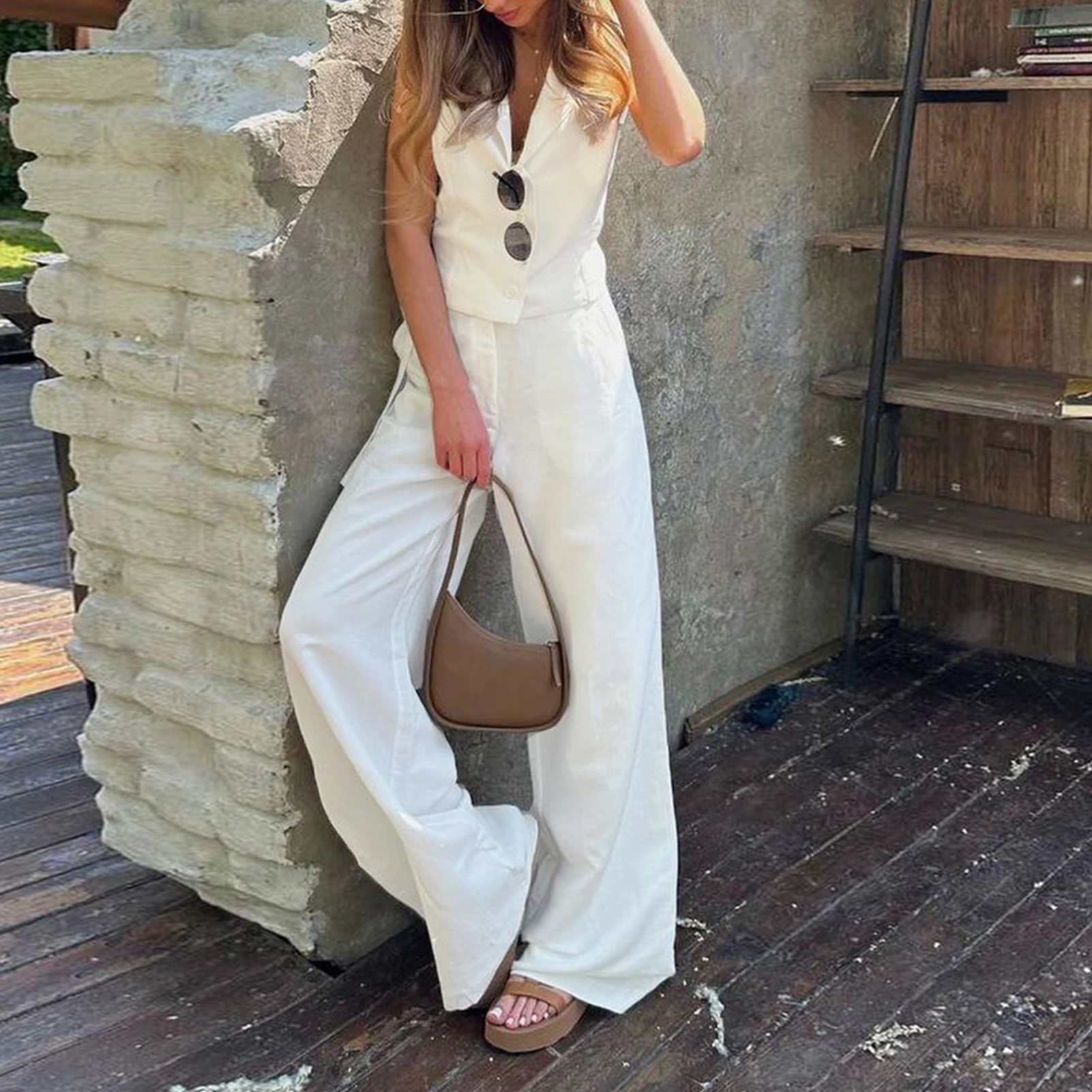 

Women Summer 2 Piece Outfits Solid Color Linen Sleeveless Top Wide Leg Pants Elastic Waist Turn Down Collar Vacation Outfit