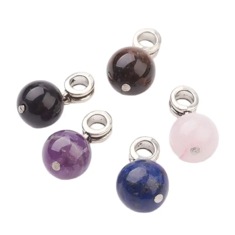 

50pcs/Lot 25mm Alloy European Round Dangle Large Hole Pendants Charms with Natural Semi-Precious Stone Beads with 4.5mm Hole