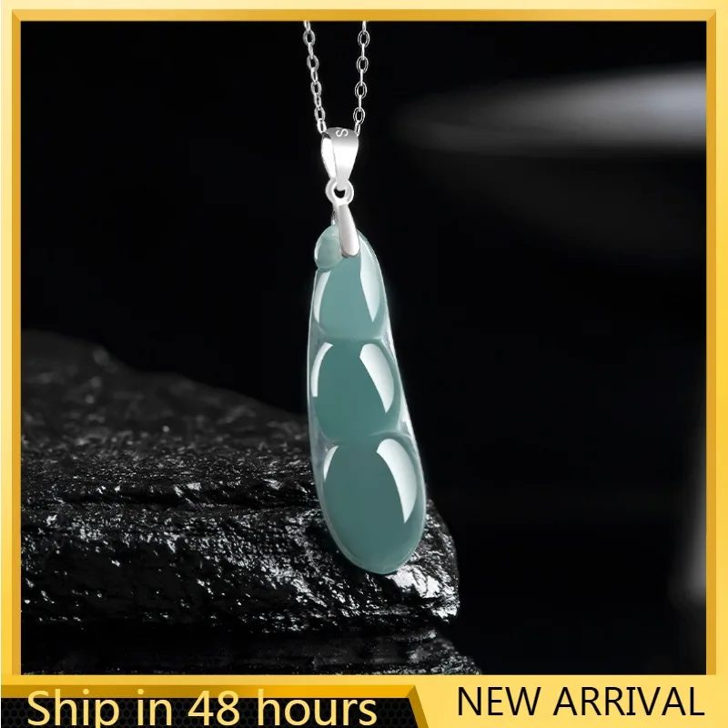 

Natural A-grade Jade Sticky Ice Seed Blue Water String Bean Pendant Fu Dou Jade S925 Silver Inlaid Pendant Women's Jade Pendant