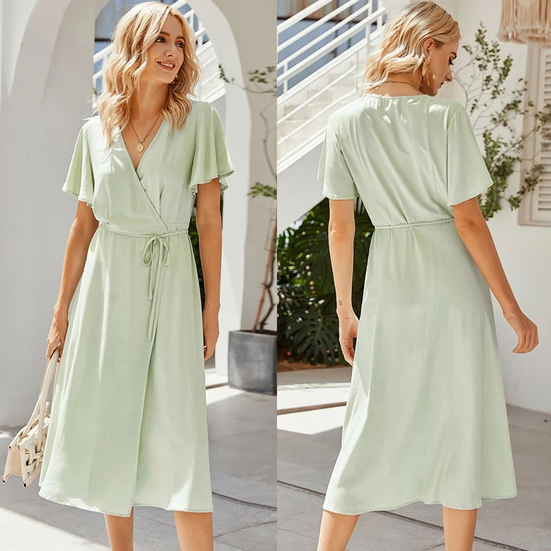 

Women's Fashion V-Neck Pure Color Holiday Style Lace-Up Casual Dress Green