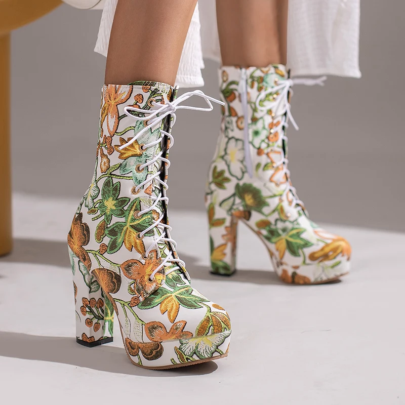 

Women Platform Chunky Heeled Bootie Green Snake Skin Print Ankle Boots Winter Shoes Round Toe High Heel Sexy Ladies Shoe