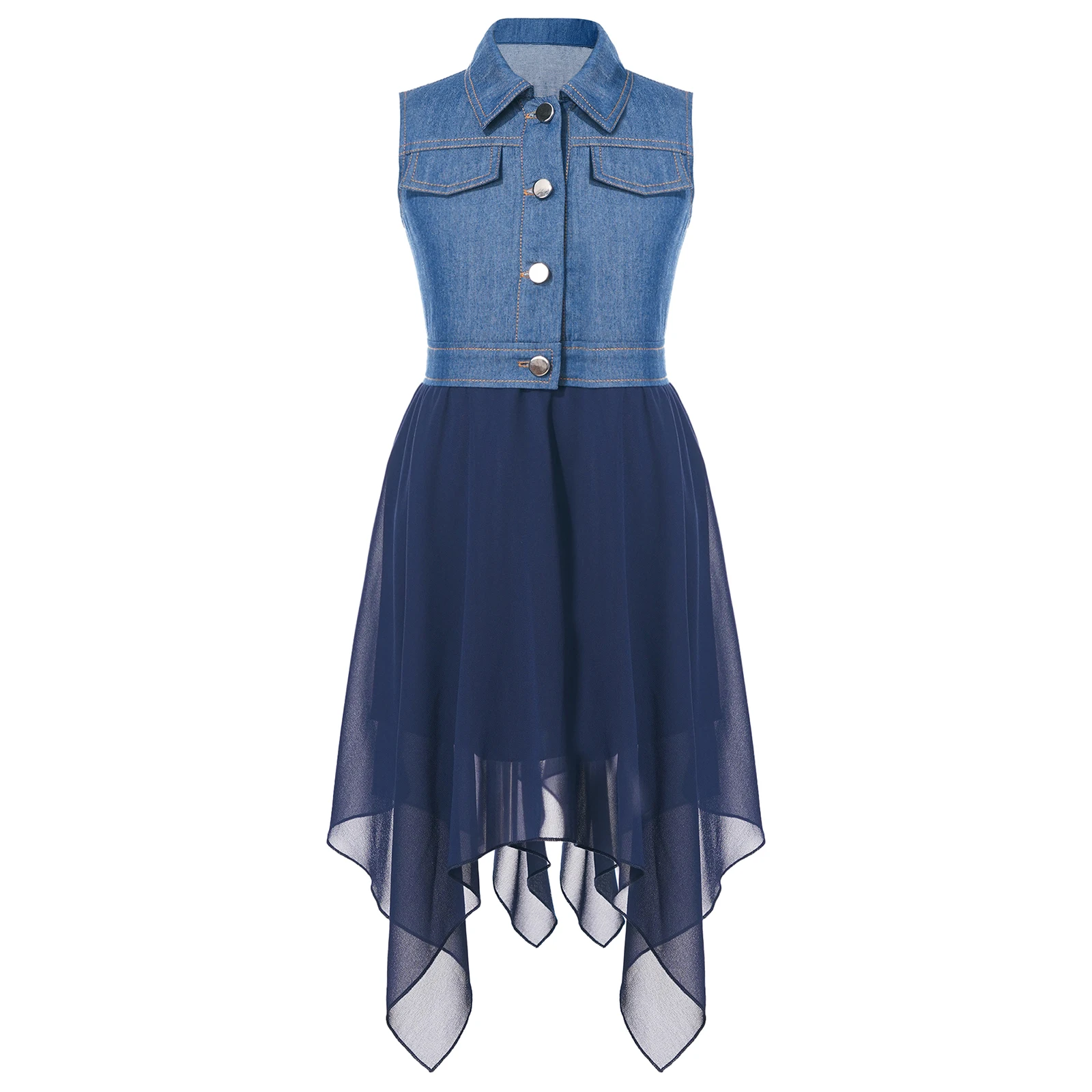 

2023 Summer New Kids Girls Stylish Denim Patchwork Dress Turn-Down Collar Sleeveless Buttons Asymmetrical Chiffon Skirt Dresses
