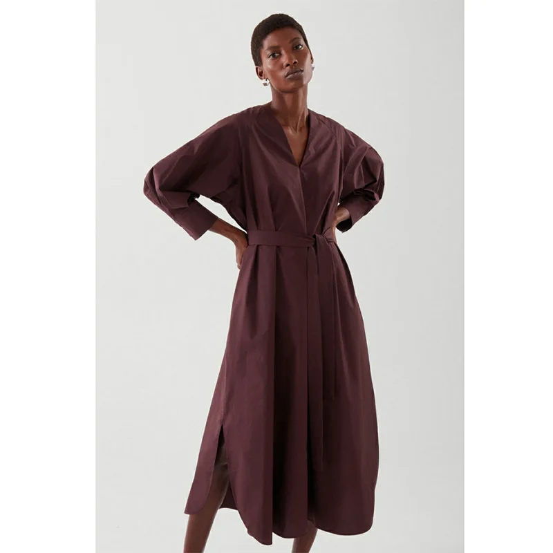 

V-neck Two-colour Cotton Solid Colour Lace-up Dress 2022 Summer New Casual Loose Mid-length Seven-point Sleeve Women's Dress