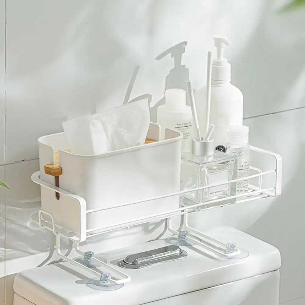 

Bath Baskets Hollow Over Toilet Shelf with Sucker Wrought lron Makeup Toiletries Bathroom Storage Rack for Kitchen