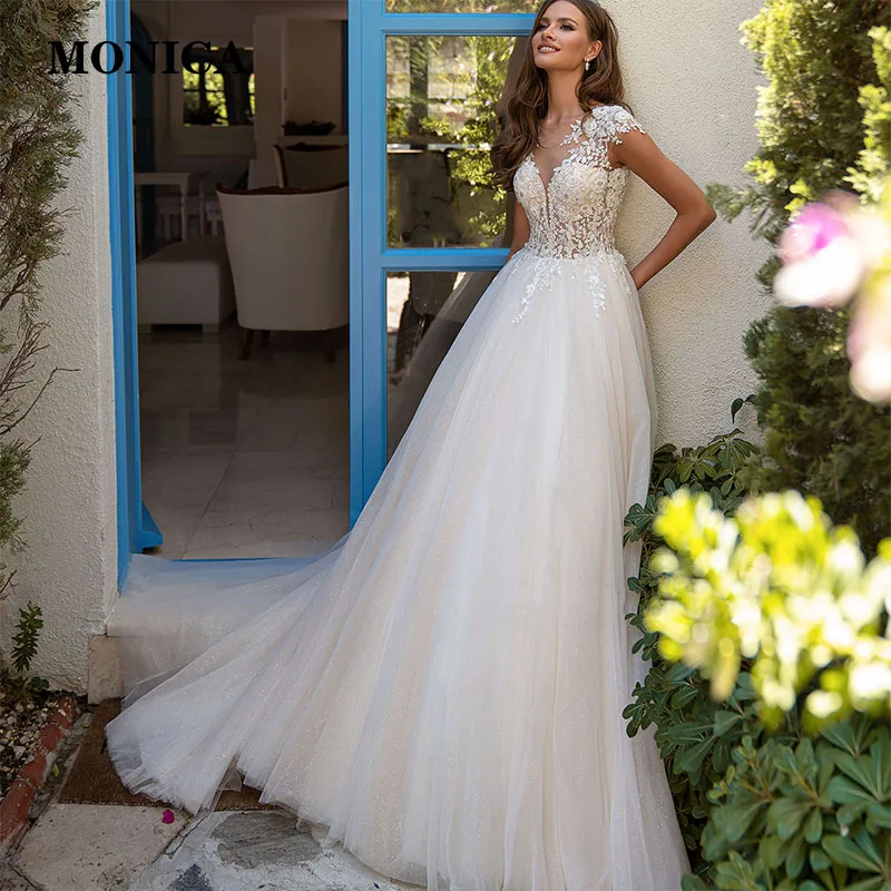 

Women Lace Appliques A-Line Tulle Wedding Dress 2022 Illusion Neck Back Sweep Train Bridal Gown Bride Vestido De Novia