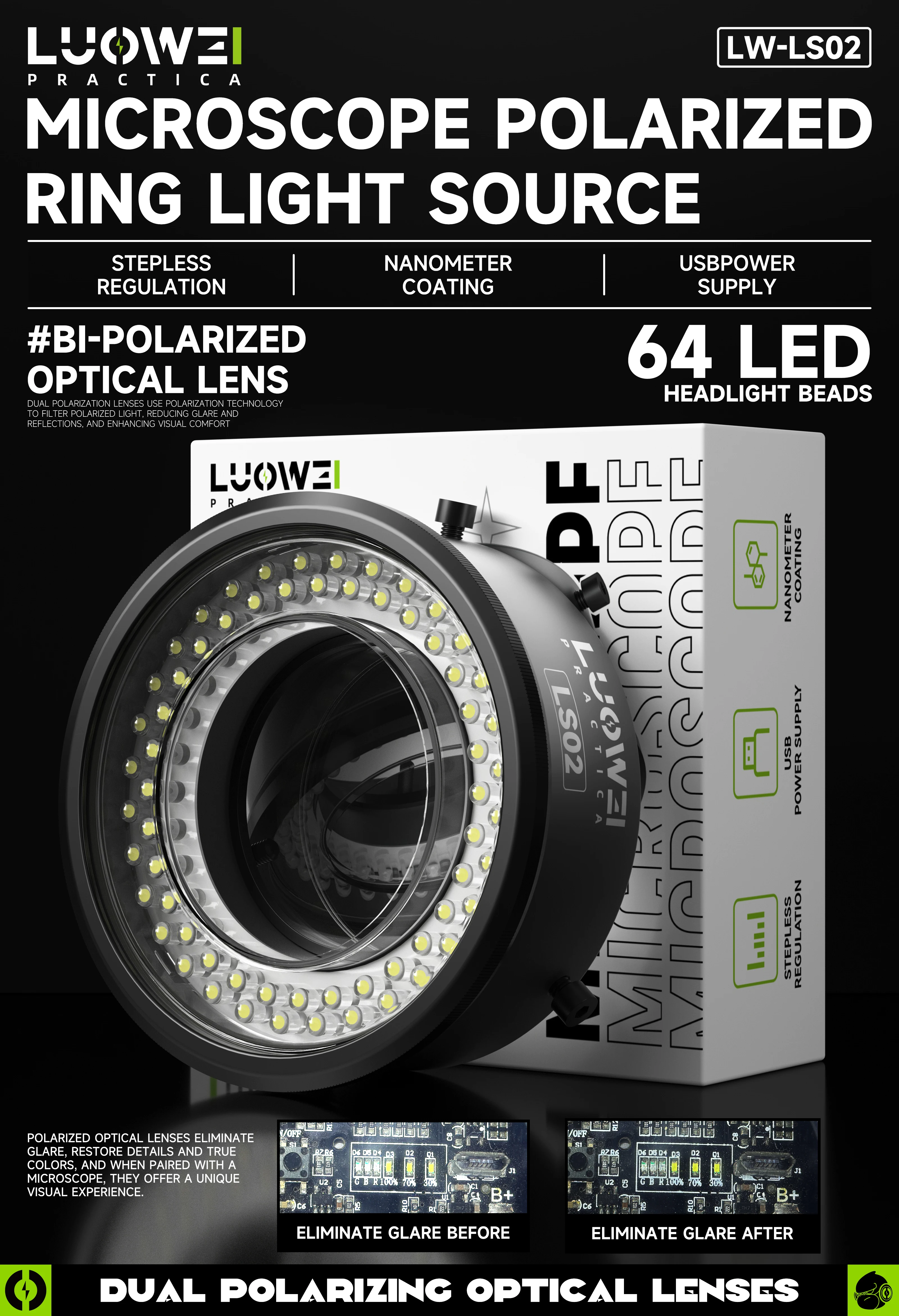 

LUOWEI LS-02 Кольцевой источник света для поляризации микроскопа с добавлением 64-светодиодная лампа для супер/микроскопа