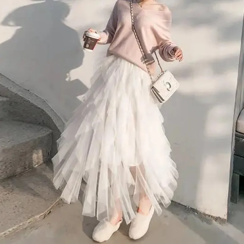 

Women's Long Pink Skirt Summer New Layered Mesh Tassel Long Skirt with Elastic Waistline Big Size Elegant and Cute Korean Skirt