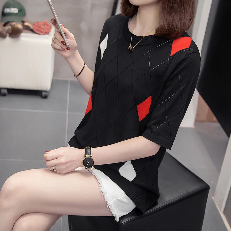 

4XL size women New Knitted Sweater Short sleeve O-Neck basic Tops Female Pullover Loose Casual Women's clothing 2022