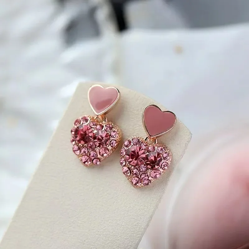 Розовый цвет большое сердце CZ серьги-подвески с кристаллами для женщин