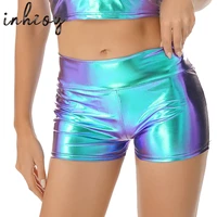 high waist metallic shiny pole dance shorts women girls sexy clubwear workout performance glitter rave booty mini shorts