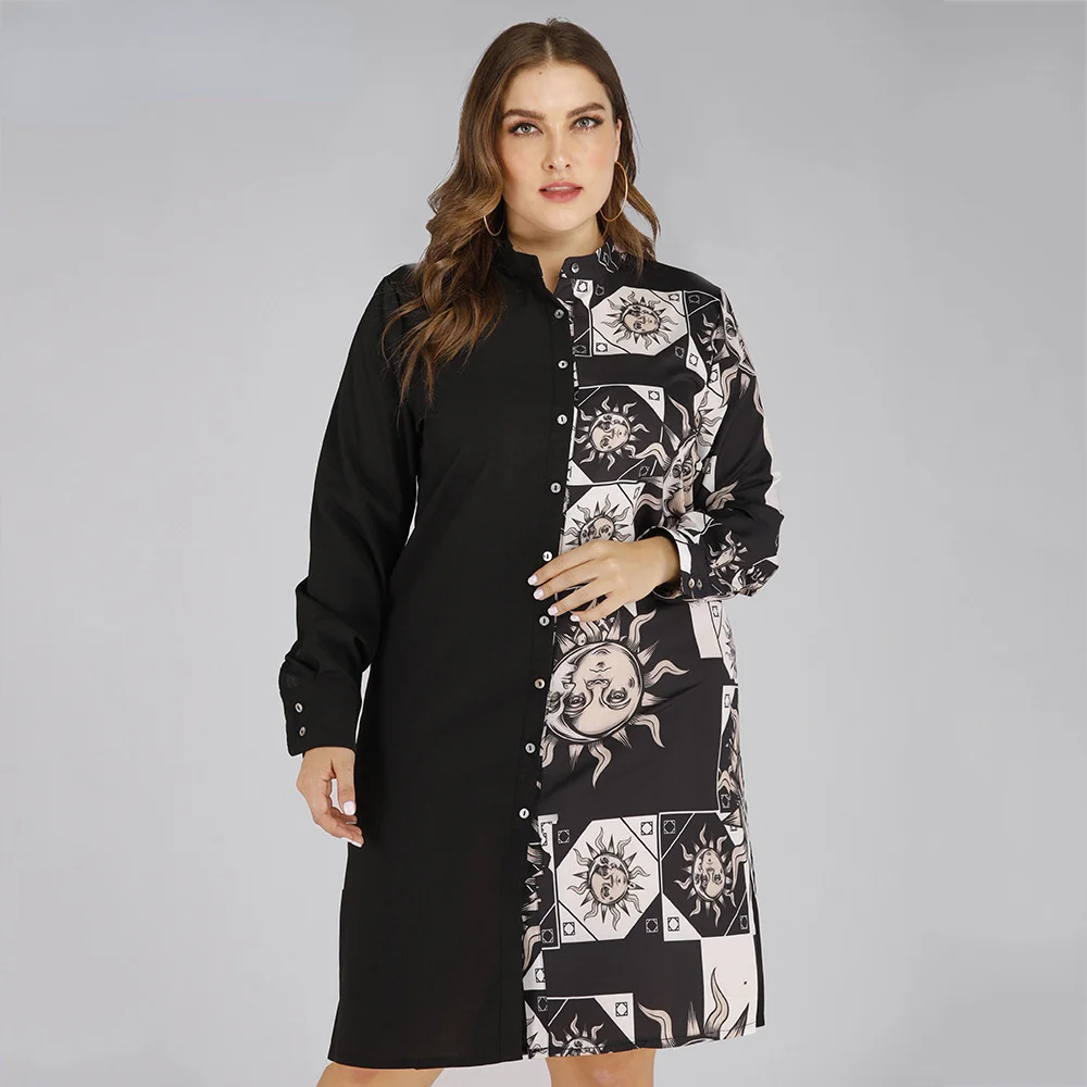 Plus Size Women's Clothing Vintage Color Contrast Printed Panel Fashionable Lapel Long Sleeve Ladies Shirt Dress Skirt L-5XL