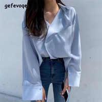 2022 spring autumn women elegant blue shirts loose casual blouses long sleeve female loose korean style chic all match tee tops