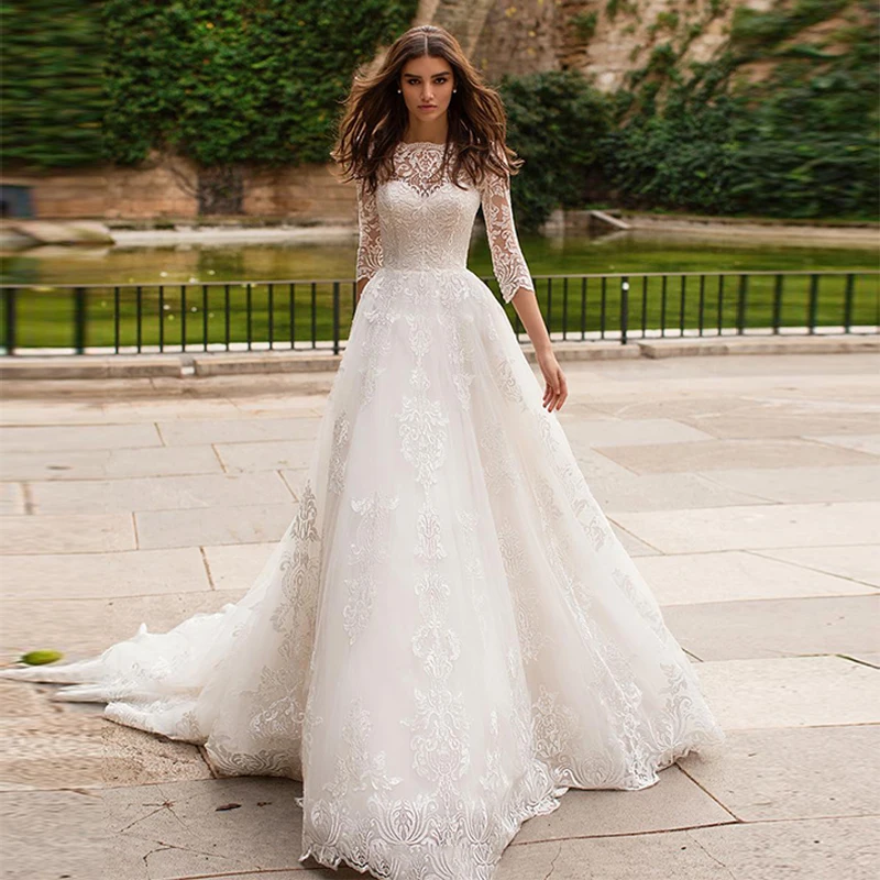 Купи Exquisite Wedding Dress for Women Scoop Neck Appliques Lace Up Bride Gown 3/4 Sleeves Church Bridal Dresses Vestidos De Novia за 7,177 рублей в магазине AliExpress