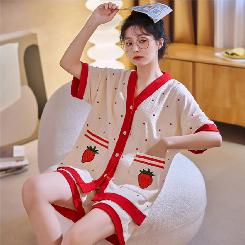 Pajamas women summer knitted cotton short-sleeved front button cardigan V-neck shorts cartoon cute girl casual suit home wear