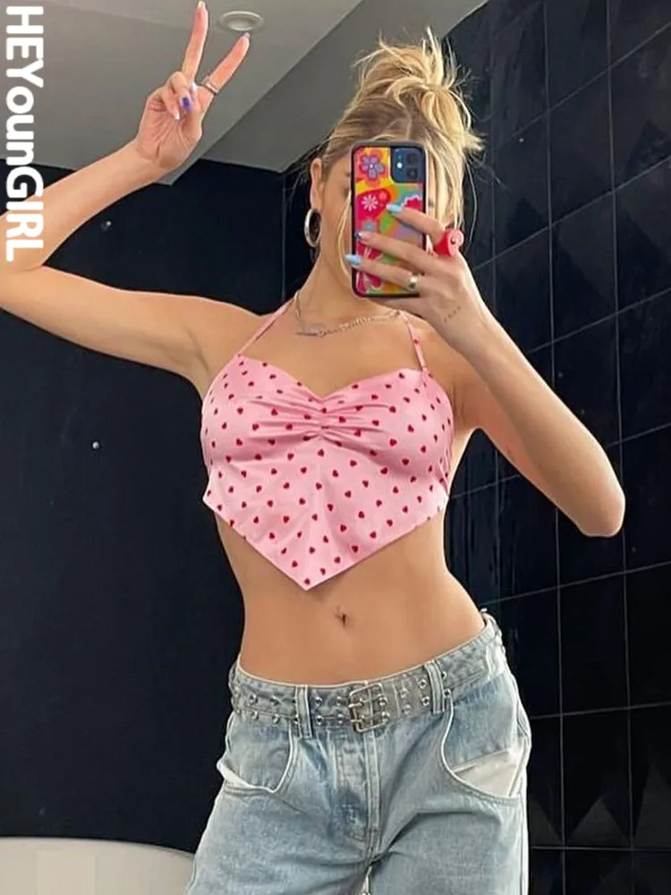 

HEYounGIRL Heart Print V Neck Halter Cropped Tops Cute Y2K Pink Sexy Backless Summer Camisole Fashion Street Outfits Lady Camis
