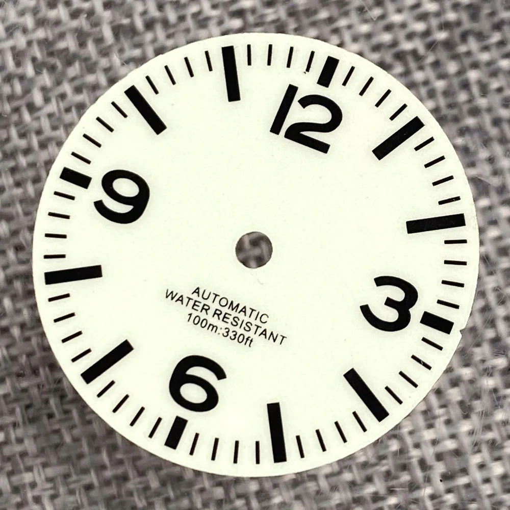 Фото Полностью светящийся белый циферблат 29 мм для NH35 NH36 Dive Pilot Watch, аксессуары, черные цифры, набор рук для часов Mod №1