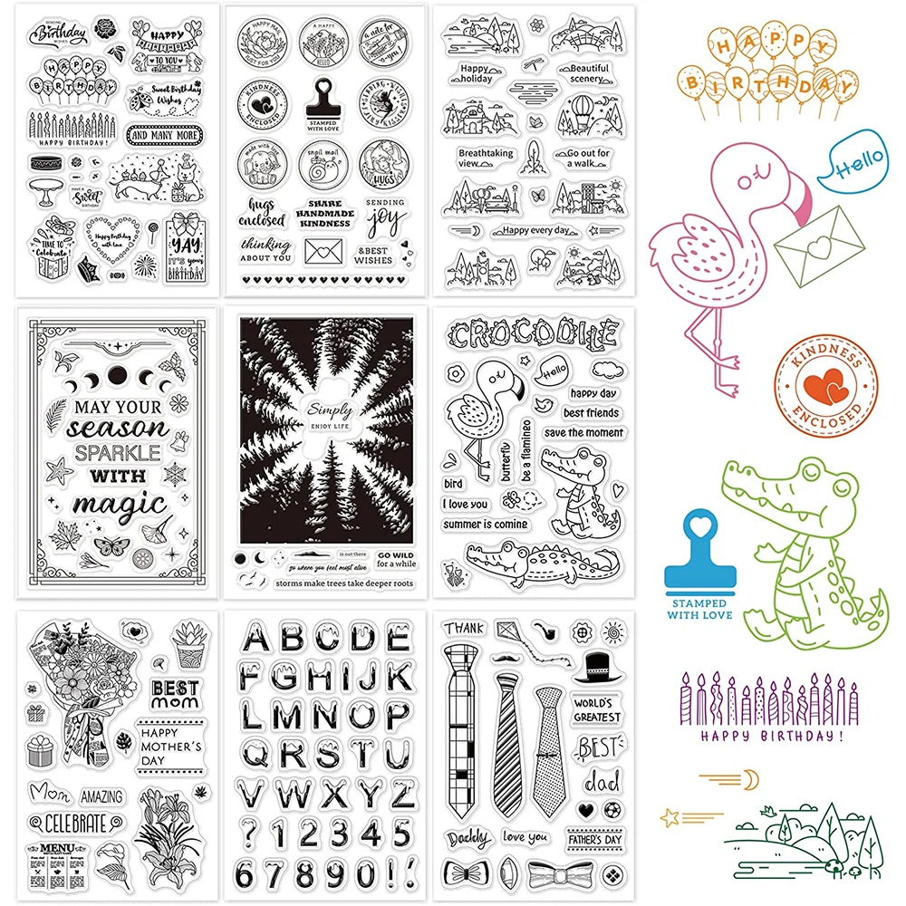 

9 Sheets Mixed Theme Silicone Clear Stamps Seal for Card Making Decor DIY Scrapbook Birthday Stamp Scenery Seasons Forest Animal