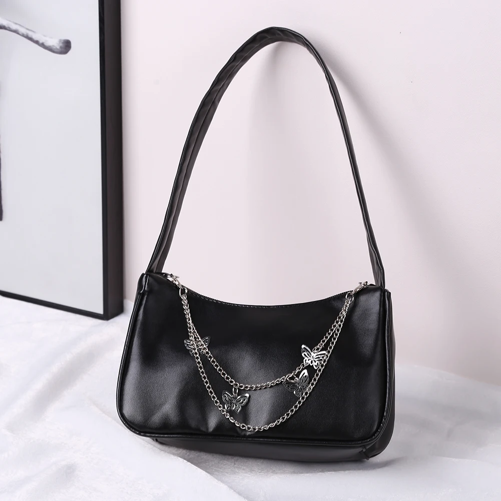 

PU Leather Women Small Shoulder Underarm Bags Tote Fashion Butterfly Chain Top Handle Handbags Ladies Pure Color Shoulder Bags