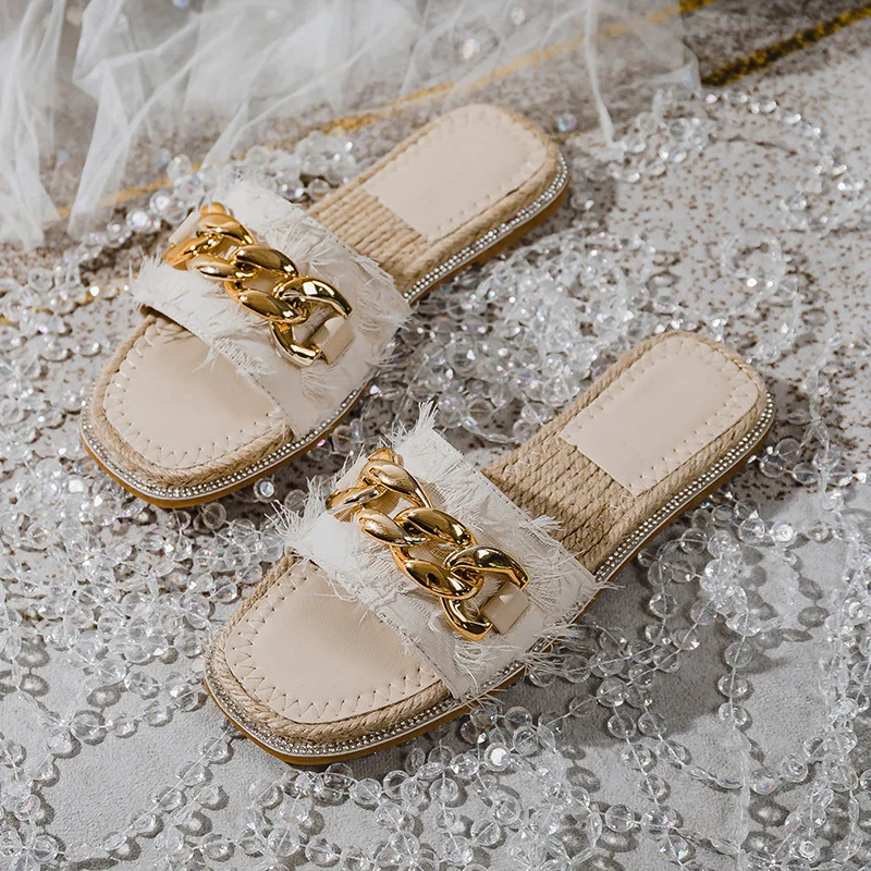 

Plus Size 42 43 Women Flat Sandals Slip on Metal Chain Hemp Sole Fisherman Slippers Leisure Outdoor Lady Shoes Causal Slides