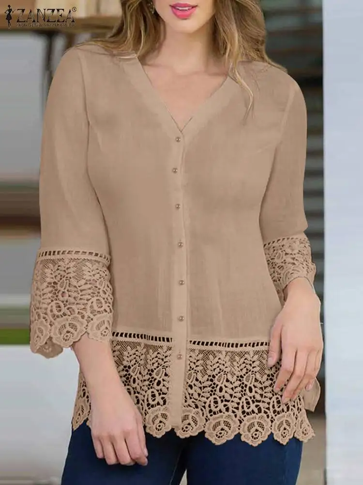 

ZANZEA Woman Casual Holiday Tunic Tops Summer Lace Patchwork Blouse Flare Sleeve V-Neck Shirt Fashion Party Chemise Oversized