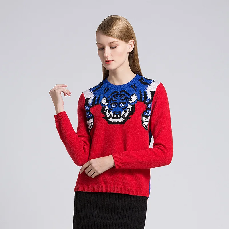 

Женский шерстяной вязаный свитер со звездами и вышивкой в виде тигра, роскошный модный Свободный пуловер с круглым вырезом и длинными рукавами для девушек и женщин, 2022