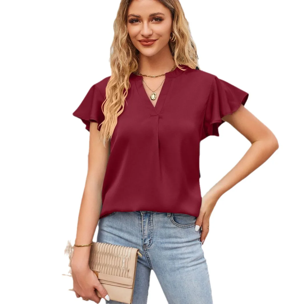 

2023 Summer Cross Border Amazon Europe And America New Product Women's Satin V-neck Ruffle Sleeve Fashion Office Work Top Blusas
