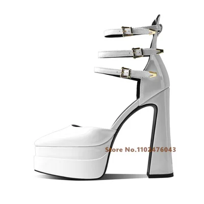Pointed Toe Roman Sandals Buckle Thick Heel Pointed Toe Hollow Patent Leather Sandals Super High Heel Platform Sexy Party Shoes